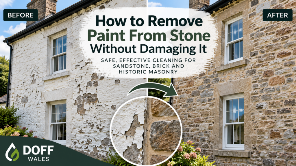 DOFF steam cleaning treatment on painted stone building in Wales