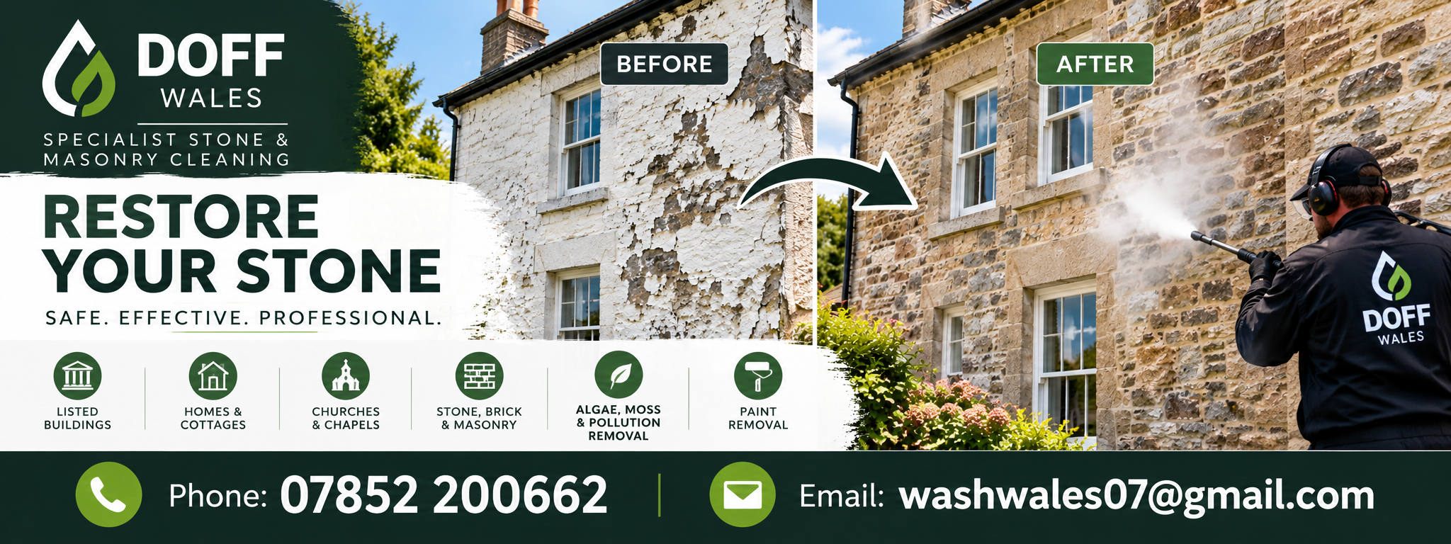 Before and after paint removal from stone using specialist DOFF cleaning